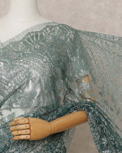 Teal Green Premium French Metallic Chantilly Lace Saree Fabric – 5.5 Meters Length, Width 110 Cms, Made in France-D25609