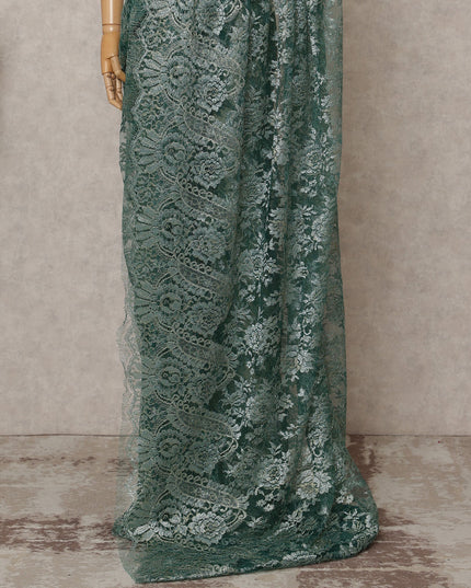 Teal Green Premium French Metallic Chantilly Lace Saree Fabric – 5.5 Meters Length, Width 110 Cms, Made in France-D25609