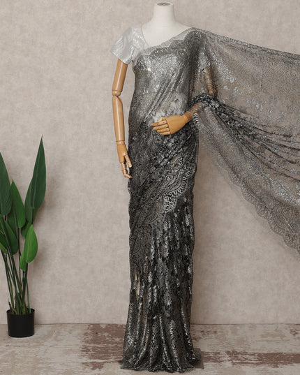 Black Premium French Metallic Chantilly Lace Saree, 5.5 Mtrs with 110 Cms Width, Imported from France-D25420