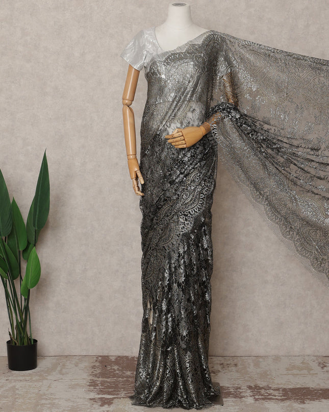 Black Premium French Metallic Chantilly Lace Saree, 5.5 Mtrs with 110 Cms Width, Imported from France-D25420