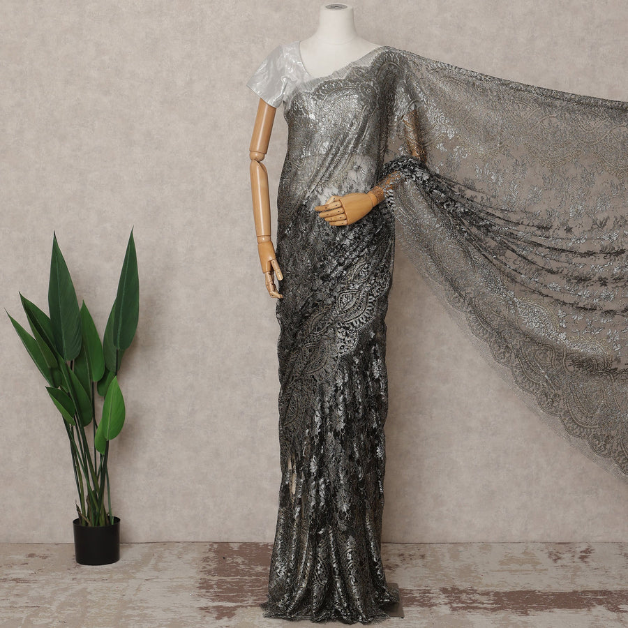 Black Premium French Metallic Chantilly Lace Saree, 5.5 Mtrs with 110 Cms Width, Imported from France-D25420