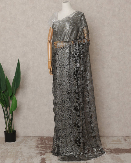 Black Premium French Metallic Chantilly Lace Saree, 5.5 Mtrs with 110 Cms Width, Imported from France-D25420
