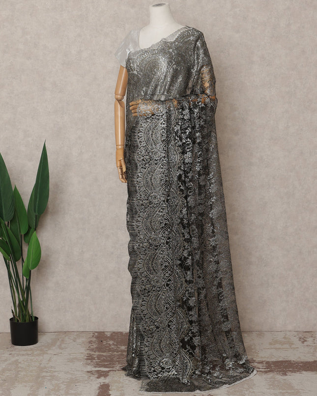 Black Premium French Metallic Chantilly Lace Saree, 5.5 Mtrs with 110 Cms Width, Imported from France-D25420