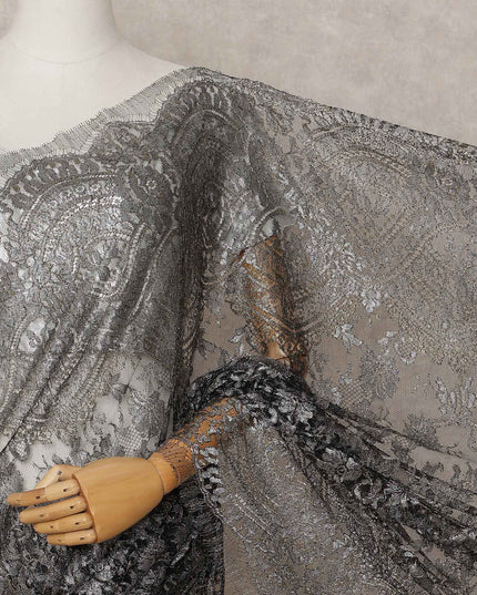 Black Premium French Metallic Chantilly Lace Saree, 5.5 Mtrs with 110 Cms Width, Imported from France-D25420