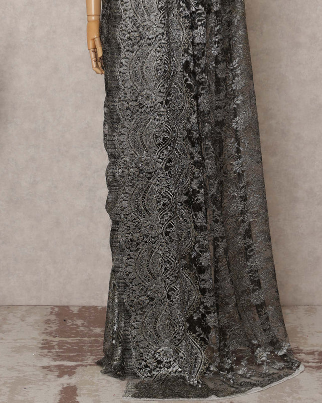 Black Premium French Metallic Chantilly Lace Saree, 5.5 Mtrs with 110 Cms Width, Imported from France-D25420