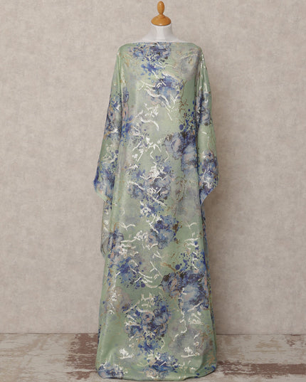 Mint Sage Traditional Somali Silk Chiffon Dirac Fabric with Metallic Lurex Blue Floral Design, 3.5 Mtrs Piece, Width 140 Cms, Made in South Korea-D26524
