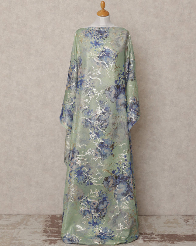 Mint Sage Traditional Somali Silk Chiffon Dirac Fabric with Metallic Lurex Blue Floral Design, 3.5 Mtrs Piece, Width 140 Cms, Made in South Korea-D26524