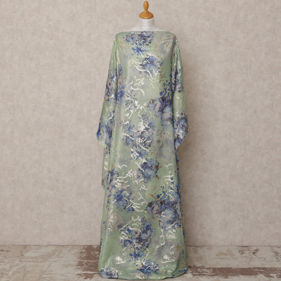 Mint Sage Traditional Somali Silk Chiffon Dirac Fabric with Metallic Lurex Blue Floral Design, 3.5 Mtrs Piece, Width 140 Cms, Made in South Korea-D26524
