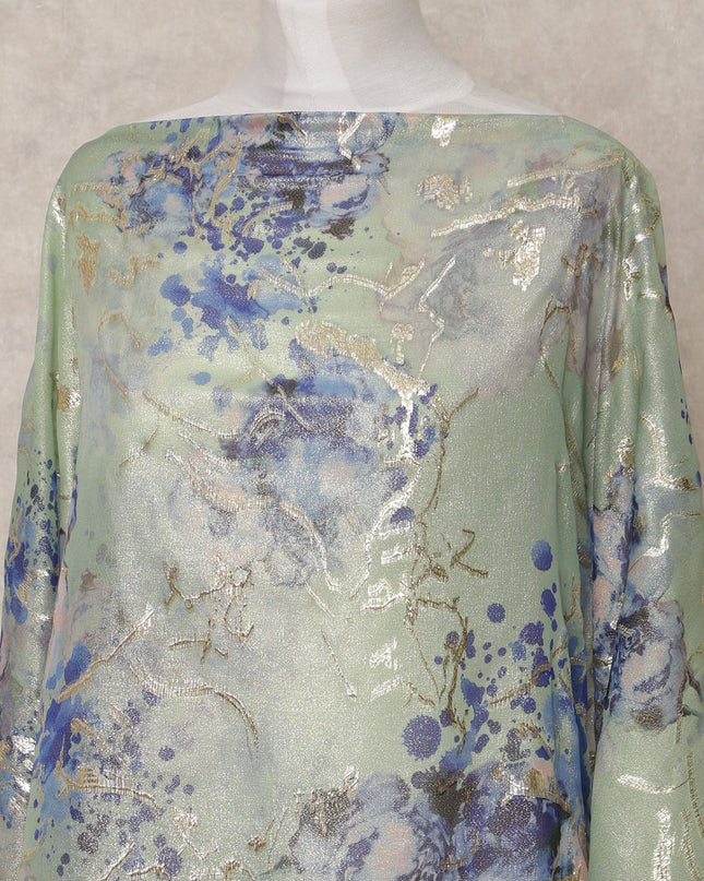 Mint Green and Blue Floral Metallic Somali Silk Chiffon Dirac Fabric – 3.5 Meters, Width 140 cm, Made in South Korea-D24735