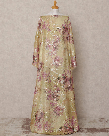 Soft Gold Traditional Somali Silk Chiffon Dirac Fabric with Metallic Lurex & Pink Floral Design, 3.5 Mtrs Piece, Width 140 Cms, Made in South Korea-D26525