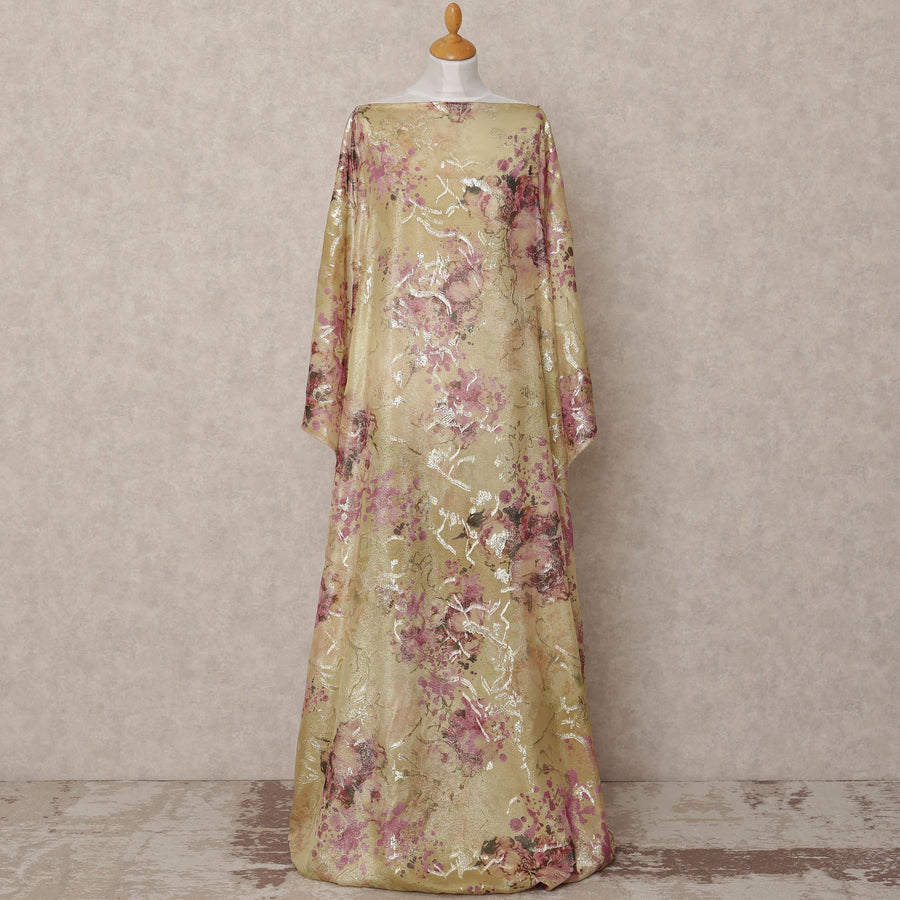 Gold and Pink Floral Metallic Somali Silk Chiffon Dirac Fabric – 3.5 Meters, Width 140 cm, Made in South Korea-D24740