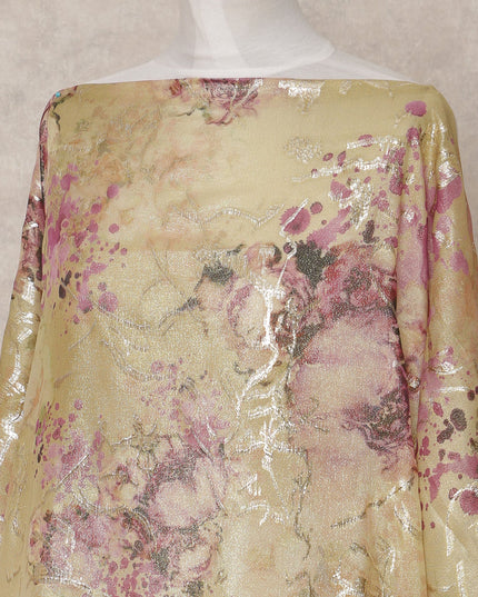 Gold and Pink Floral Metallic Somali Silk Chiffon Dirac Fabric – 3.5 Meters, Width 140 cm, Made in South Korea-D24740