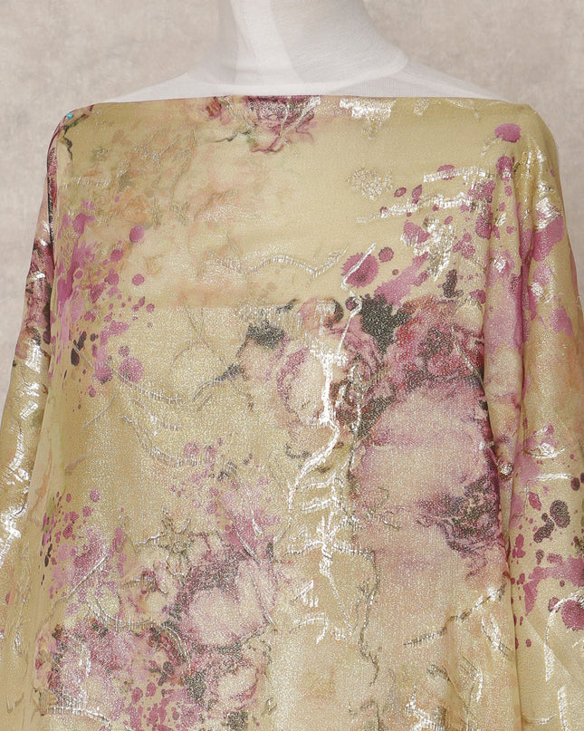 Gold and Pink Floral Metallic Somali Silk Chiffon Dirac Fabric – 3.5 Meters, Width 140 cm, Made in South Korea-D24740