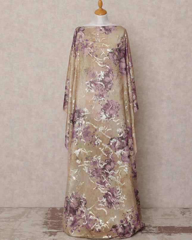 Beige and Purple Floral Metallic Somali Silk Chiffon Dirac Fabric – 3.5 Meters, Width 140 cm, Made in South Korea-D24732