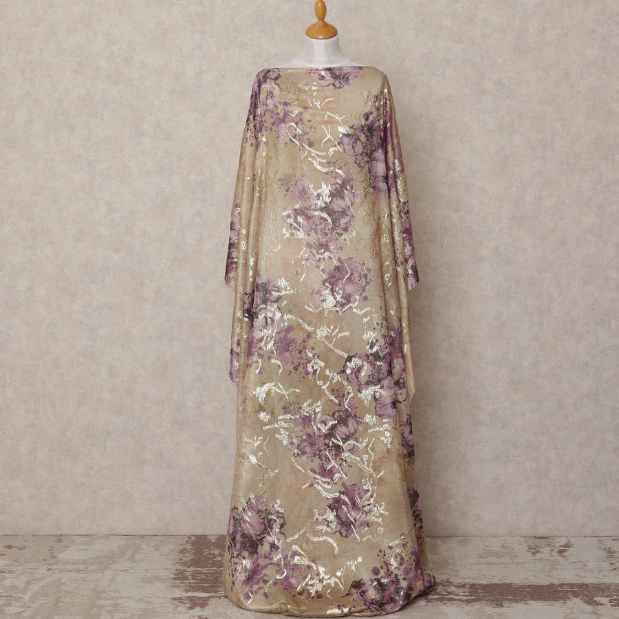 Beige and Purple Floral Metallic Somali Silk Chiffon Dirac Fabric – 3.5 Meters, Width 140 cm, Made in South Korea-D24732