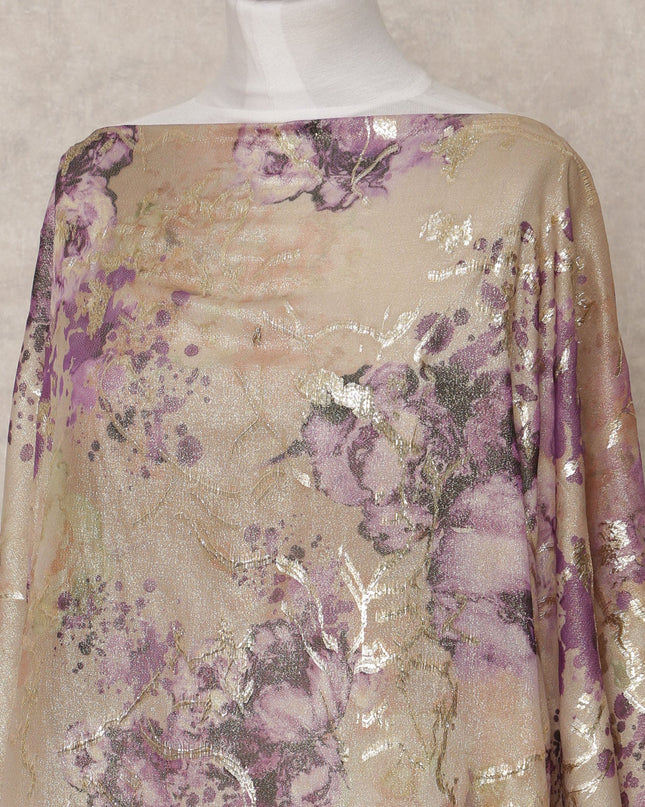 Beige Traditional Somali Silk Chiffon Dirac Fabric with Metallic Lurex & Purple Floral Design, 3.5 Mtrs Piece, Width 140 Cms, Made in South Korea-D26519