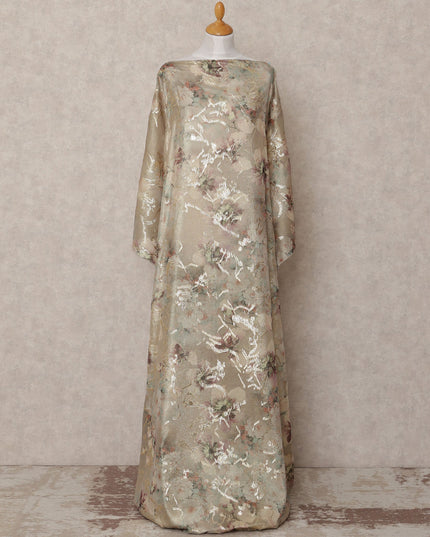 Beige and Mint Floral Metallic Somali Silk Chiffon Dirac Fabric – 3.5 Meters, Width 140 cm, Made in South Korea-D24733