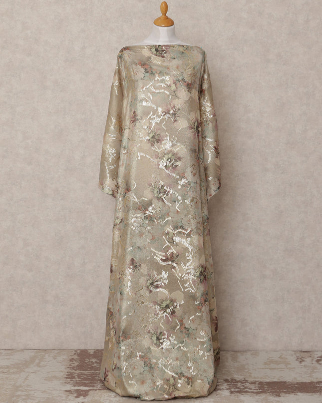 Beige and Mint Floral Metallic Somali Silk Chiffon Dirac Fabric – 3.5 Meters, Width 140 cm, Made in South Korea-D24733