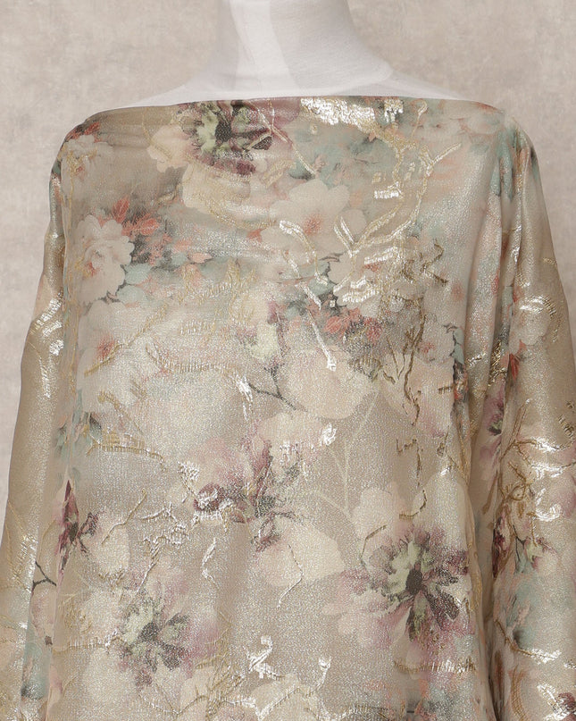 Champagne Beige Traditional Somali Silk Chiffon Dirac Fabric with Metallic Lurex Floral Design, 3.5 Mtrs Piece, Width 140 Cms, Made in South Korea-D26528