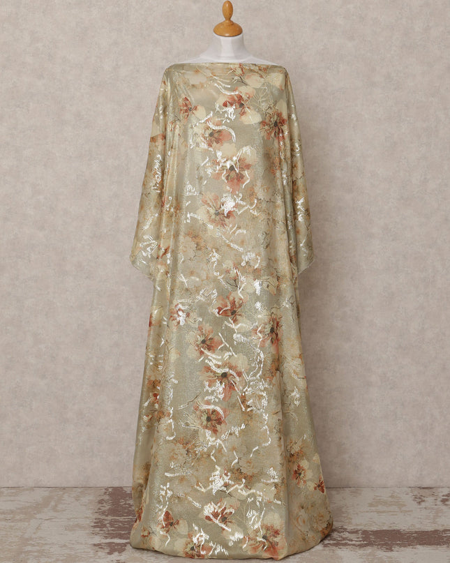 Light Gold and Rust Floral Metallic Somali Silk Chiffon Dirac Fabric – 3.5 Meters, Width 140 cm, Made in South Korea-D24742