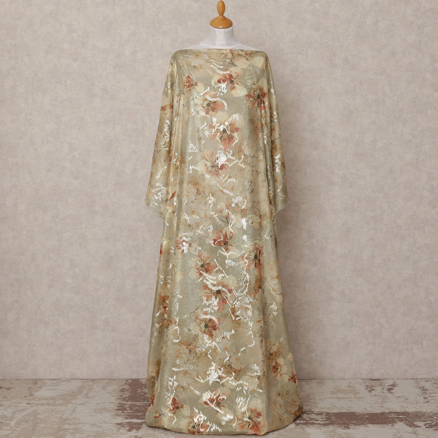 Light Gold and Rust Floral Metallic Somali Silk Chiffon Dirac Fabric – 3.5 Meters, Width 140 cm, Made in South Korea-D24742