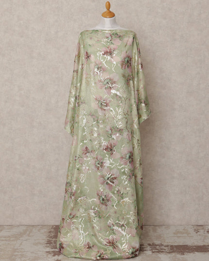 Pistachio Green Traditional Somali Silk Chiffon Dirac Fabric with Metallic Lurex Floral Design, 3.5 Mtrs Piece, Width 140 Cms, Made in South Korea-D26522