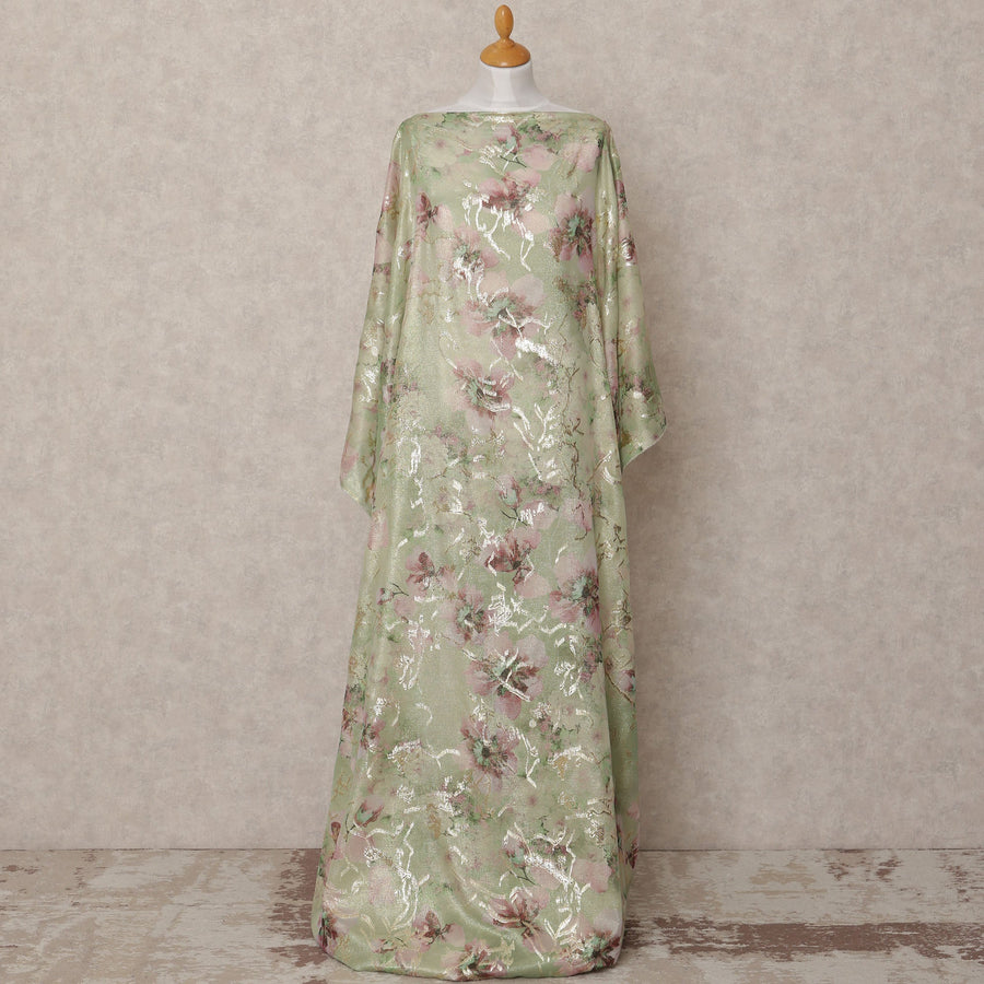 Pistachio Green Traditional Somali Silk Chiffon Dirac Fabric with Metallic Lurex Floral Design, 3.5 Mtrs Piece, Width 140 Cms, Made in South Korea-D26522