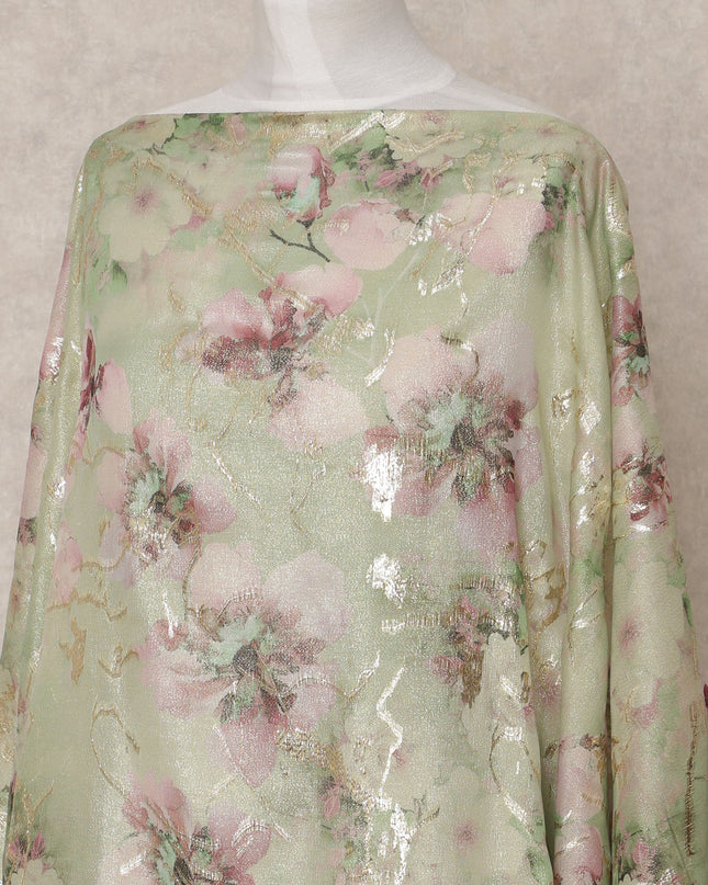 Pistachio Green Traditional Somali Silk Chiffon Dirac Fabric with Metallic Lurex Floral Design, 3.5 Mtrs Piece, Width 140 Cms, Made in South Korea-D26522