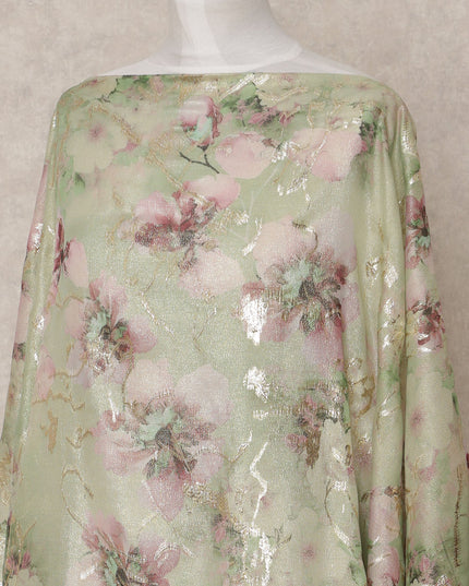 Sage Green and Pink Floral Metallic Somali Silk Chiffon Dirac Fabric – 3.5 Meters, Width 140 cm, Made in South Korea-D24739