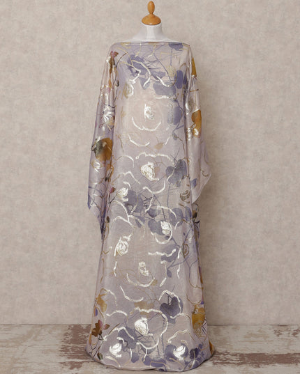 Lavender Grey Traditional Somali Silk Chiffon Dirac Fabric with Metallic Lurex Floral Design, 3.5 Mtrs Piece, Width 140 Cms, Made in South Korea-D26529