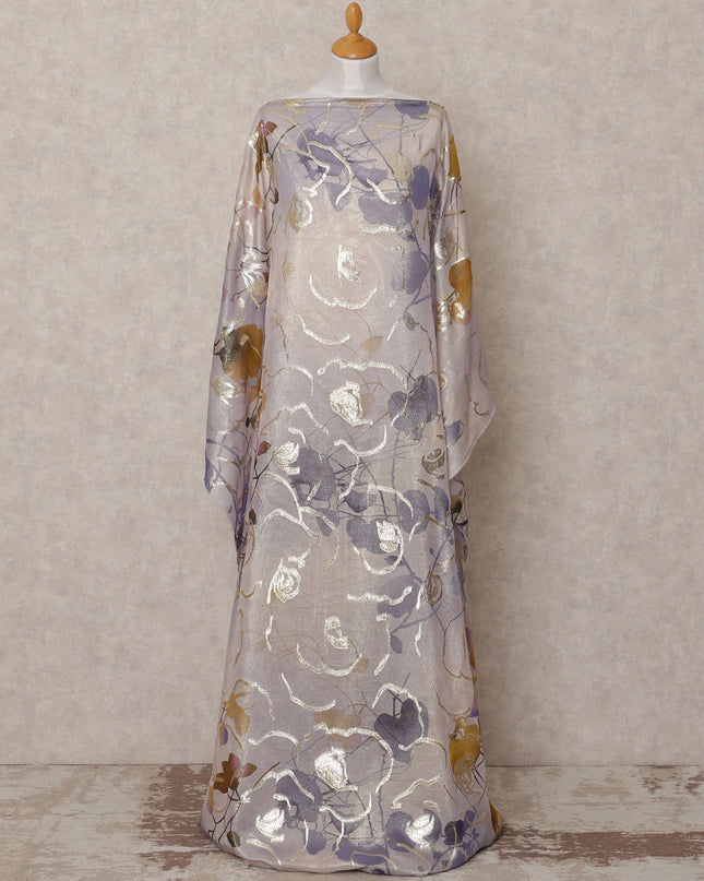 Lavender Grey Traditional Somali Silk Chiffon Dirac Fabric with Metallic Lurex Floral Design, 3.5 Mtrs Piece, Width 140 Cms, Made in South Korea-D26529