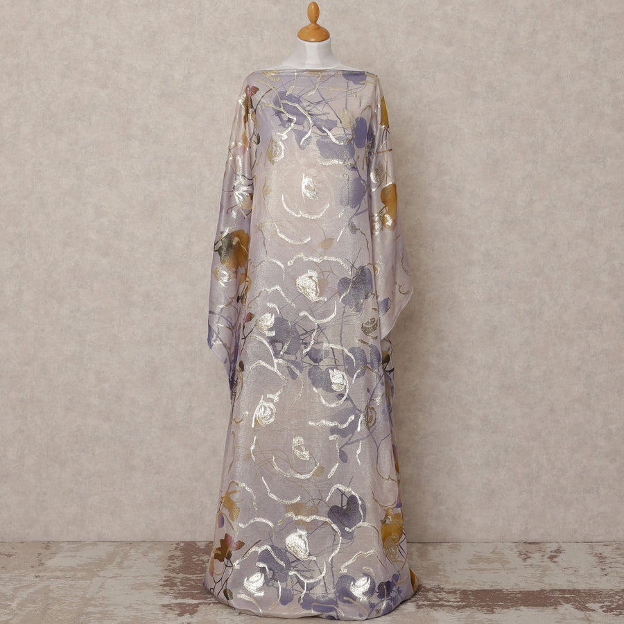 Lavender and Gold Floral Metallic Somali Silk Chiffon Dirac Fabric – 3.5 Meters, Width 140 cm, Made in South Korea-D24737