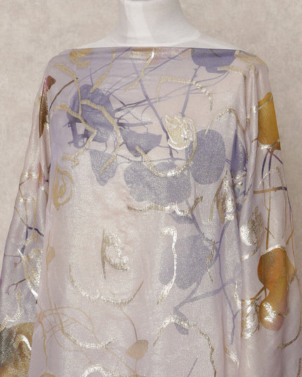 Lavender and Gold Floral Metallic Somali Silk Chiffon Dirac Fabric – 3.5 Meters, Width 140 cm, Made in South Korea-D24737