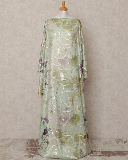 Mint Green and Lilac Leaf Metallic Somali Silk Chiffon Dirac Fabric – 3.5 Meters, Width 140 cm, Made in South Korea-D24736
