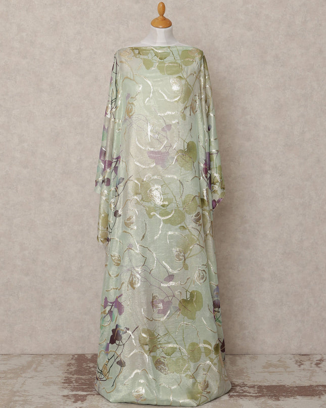 Mint Green and Lilac Leaf Metallic Somali Silk Chiffon Dirac Fabric – 3.5 Meters, Width 140 cm, Made in South Korea-D24736 Regal Fabrics