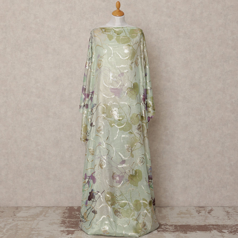 Mint Green and Lilac Leaf Metallic Somali Silk Chiffon Dirac Fabric – 3.5 Meters, Width 140 cm, Made in South Korea-D24736