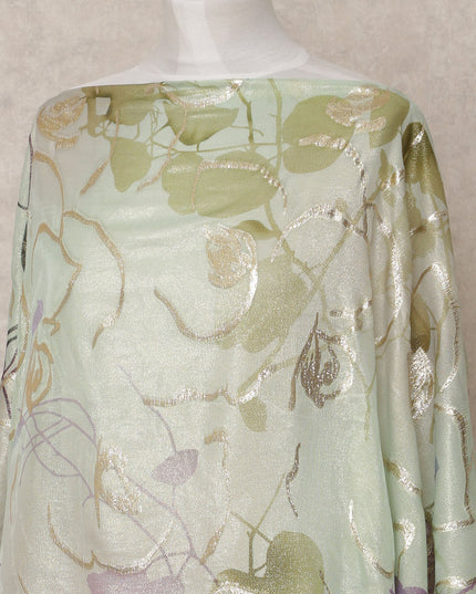 Mint Green and Lilac Leaf Metallic Somali Silk Chiffon Dirac Fabric – 3.5 Meters, Width 140 cm, Made in South Korea-D24736