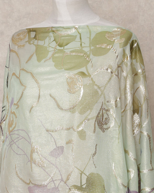 Mint Green and Lilac Leaf Metallic Somali Silk Chiffon Dirac Fabric – 3.5 Meters, Width 140 cm, Made in South Korea-D24736 Regal Fabrics