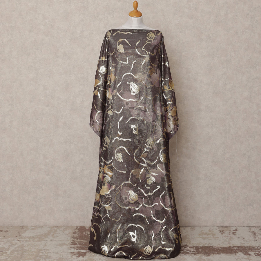 Charcoal Brown Traditional Somali Silk Chiffon Dirac Fabric with Metallic Lurex Floral Design, 3.5 Mtrs Piece, Width 140 Cms, Made in South Korea-D26521
