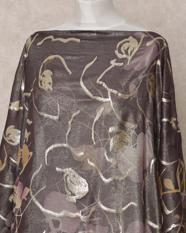 Charcoal Grey and Gold Leaf Metallic Somali Silk Chiffon Dirac Fabric – 3.5 Meters, Width 140 cm, Made in South Korea-D24741