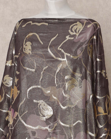 Charcoal Brown Traditional Somali Silk Chiffon Dirac Fabric with Metallic Lurex Floral Design, 3.5 Mtrs Piece, Width 140 Cms, Made in South Korea-D26521