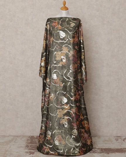 Dark Olive Traditional Somali Silk Chiffon Dirac Fabric with Metallic Lurex Floral Design, 3.5 Mtrs Piece, Width 140 Cms, Made in South Korea-D26520