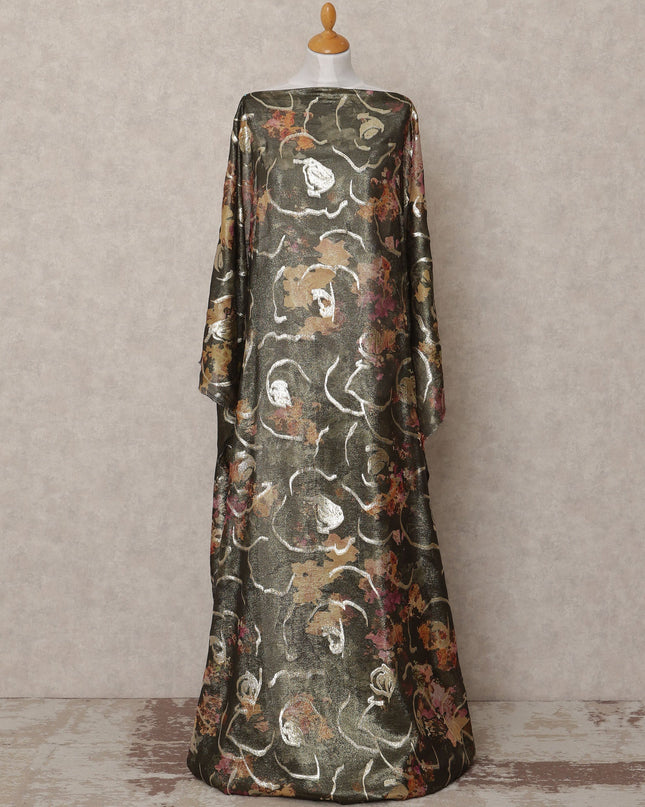 Dark Olive Traditional Somali Silk Chiffon Dirac Fabric with Metallic Lurex Floral Design, 3.5 Mtrs Piece, Width 140 Cms, Made in South Korea-D26520
