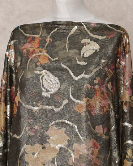 Black and Gold Floral Metallic Somali Silk Chiffon Dirac Fabric – 3.5 Meters, Width 140 cm, Made in South Korea-D24734