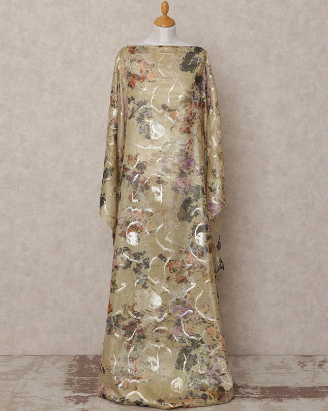 Gold and Multicolor Floral Metallic Somali Silk Chiffon Dirac Fabric – 3.5 Meters, Width 140 cm, Made in South Korea-D24738