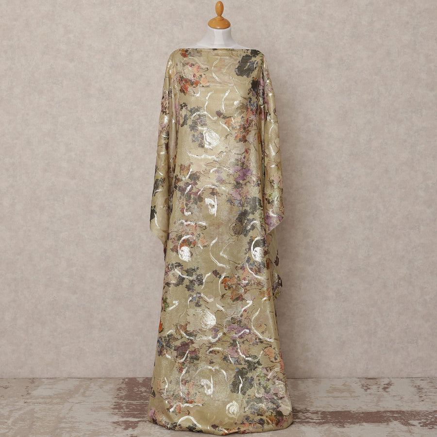 Gold and Multicolor Floral Metallic Somali Silk Chiffon Dirac Fabric – 3.5 Meters, Width 140 cm, Made in South Korea-D24738