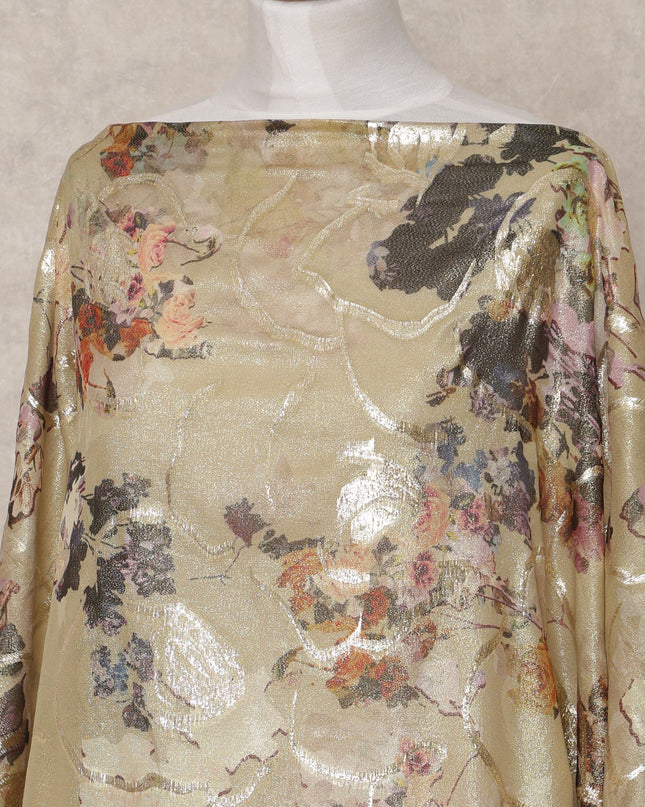 Light Gold Traditional Somali Silk Chiffon Dirac Fabric with Metallic Lurex Floral Design, 3.5 Mtrs Piece, Width 140 Cms, Made in South Korea-D26523