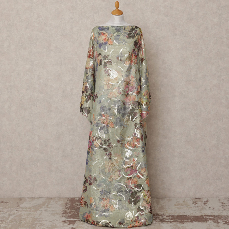 Sage Green Traditional Somali Silk Chiffon Dirac Fabric with Metallic Lurex Multicolor Floral Design, 3.5 Mtrs Piece, Width 140 Cms, Made in South Korea-D26526