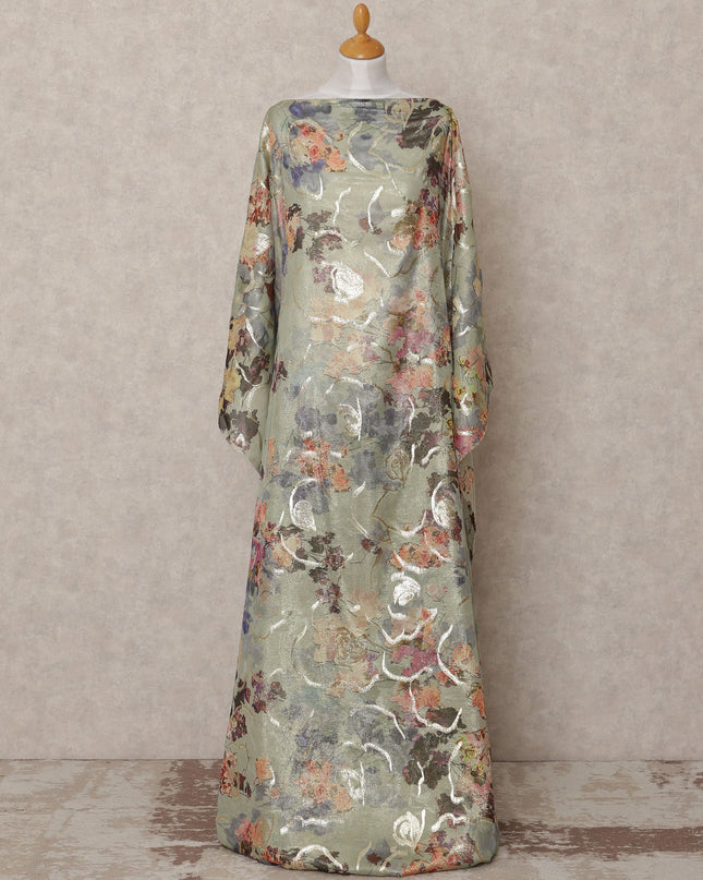 Pastel Green Floral Metallic Somali Silk Chiffon Dirac Fabric – 3.5 Meters, Width 140 cm, Made in South Korea-D24731