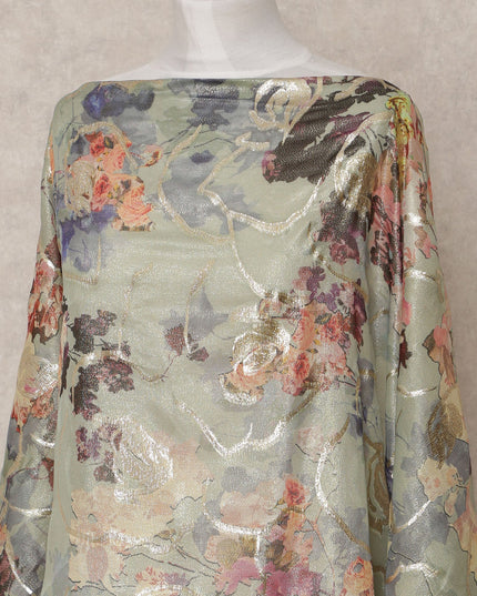 Sage Green Traditional Somali Silk Chiffon Dirac Fabric with Metallic Lurex Multicolor Floral Design, 3.5 Mtrs Piece, Width 140 Cms, Made in South Korea-D26526